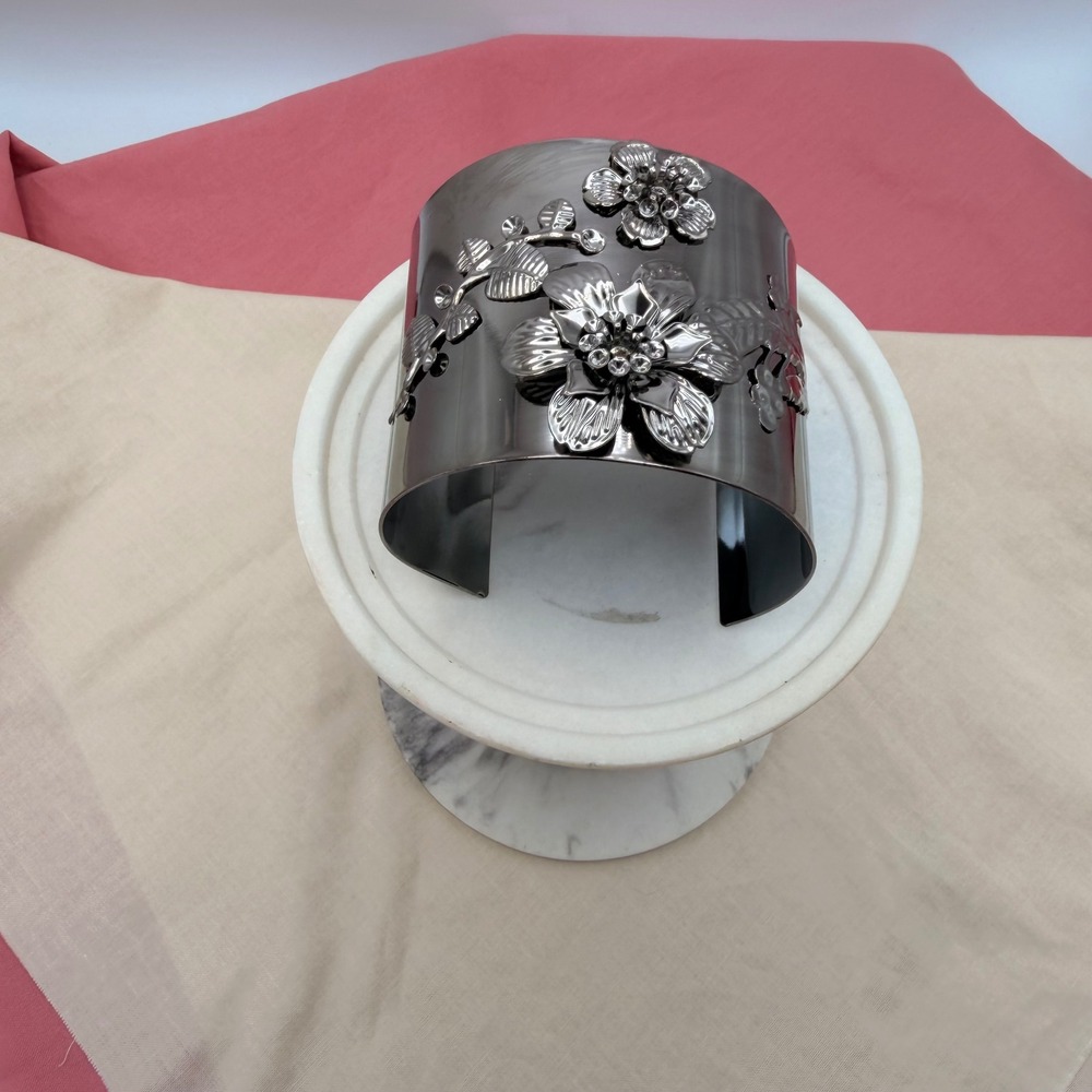 Gunmetal Floral Wide Cuff Bracelet Statement 3D Flower Jewelry